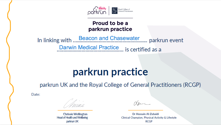 Park run certificate for Darwin Medical Practice