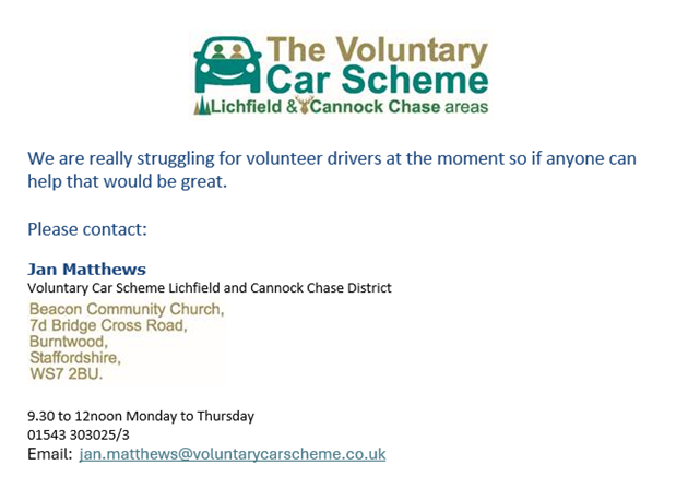 notice from the voluntary car scheme looking for volunteer drivers in Lichfield and cannock